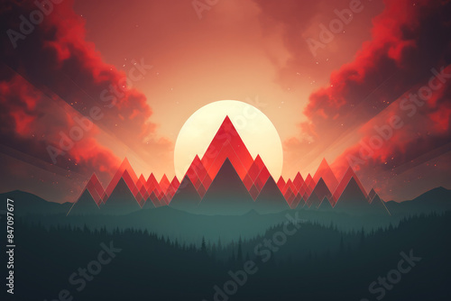 generated illustration of mountain range with a red triangle.