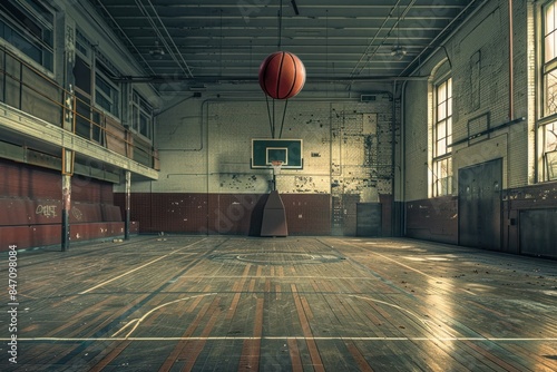 Lonely basketball in mid air inside a deserted, vintage school gym