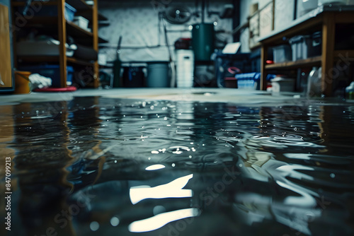 A flooded basement with standing water and ripples