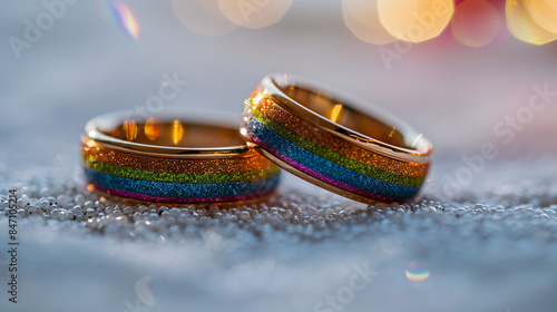 Symbol of Love and Inclusivity: LGBTQ+ Pride Wedding Rings Close-Up on White Surface