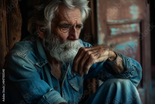 Older man with grey hair and beard is sitting alone at home, looking lost in thought as he clutches his hand to the chin. The room around him has an atmosphere of solitude and contemplation.