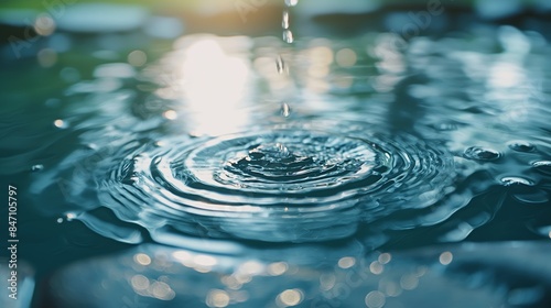 A close-up cinemagraph of a water droplet falling and creating ripples on a still water surface at sunset