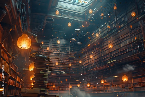 A colossal library with endless rows of ancient tomes and floating lanterns