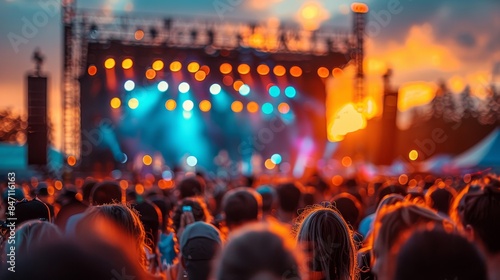 Vibrant music festival stage with psychedelic patterns, energetic crowd dancing at sunset