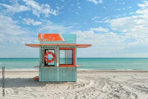 Vibrant lifeguard station against a clear blue sky on a sandy beach with ocean view
