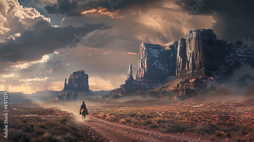 A solitary cowboy gallops through Monument Valley on horseback.