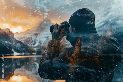 Double exposure of a photographer taking a picture overlaid with breathtaking landscapes, showcasing the art of capturing the world through a lens 