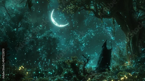Enchanted forest filled with bioluminescent plants and creatures, dark and mysterious, with a hooded sorcerer casting spells under a crescent moon, blending magic and shadow 