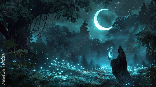 Enchanted forest filled with bioluminescent plants and creatures, dark and mysterious, with a hooded sorcerer casting spells under a crescent moon, blending magic and shadow 