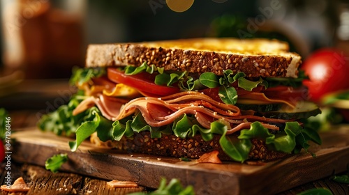 Fresh Gourmet Sandwich with Vibrant IngredientsDescription: Close-up shot of fresh gourmet sandwiches filled with vibrant ingredients like meats, vegetables, and cheeses