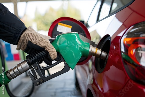 Hand in glove holding green fuel nozzle, filling red car at gas station