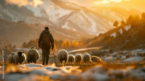 A herd of sheep with shepherd in countryside with scenic rural view at sunset.