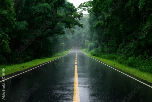 Wet road reflects lush greenery, trees canopy overhead, creating a serene journey