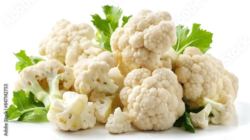 Cauliflower pieces, close view presented on white background