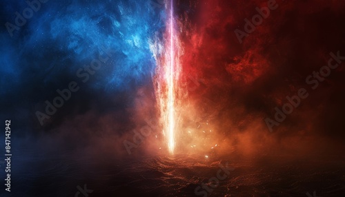 Dramatic fiery explosion in a dark, smoky environment, with vibrant red and blue colors creating a stunning contrast at night.