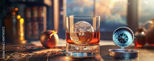 Cognac Glass with a map and compass from side view, savoring cognac while navigating, futuristic tone, Analogous Color Scheme