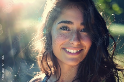 Beautiful young woman with long brown hair and freckles is smiling in the sunshine