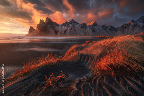 A captivating view of mountain during sunset. stunning Icelandic seascape showcases the natural beauty of the region