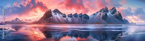 A captivating view of mountain during sunset. stunning Icelandic seascape showcases the natural beauty of the region