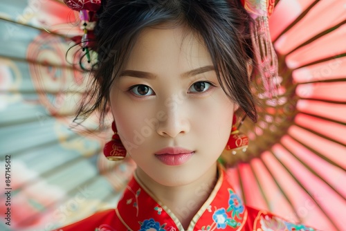Beautiful asian woman wearing a traditional chinese dress is posing with a red umbrella