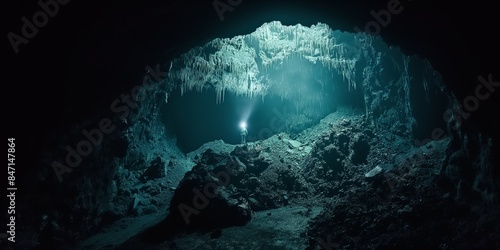 Speleologist dives into deep cavern, exploring stalactite tunnels, illuminated by light, amid beautiful scenery.