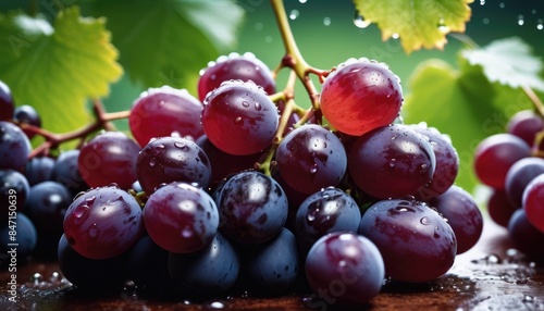 Vibrant clusters of ripe grapes with water droplets, set against a backdrop of green foliage, capturing the essence of fresh, juicy fruit ready for harvest