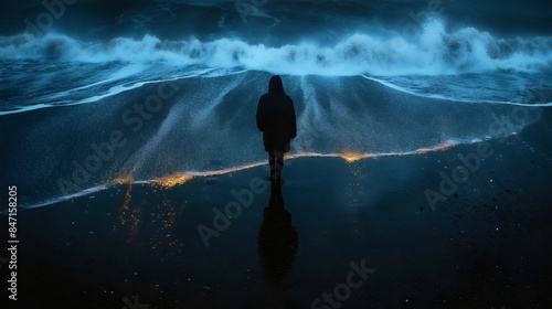 A person is walking on a beach at night