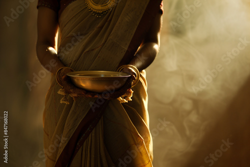 cinematic composition, an old Indian woman stands with an empty bowl, her traditional sari flowing gently around her. The rich textures of her clothing and the intricate details of