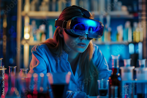 professional laboratory setting, a young female scientist dons VR glasses, deeply immersed in her work. She is surrounded by test tubes and scientific equipment, using virtual real