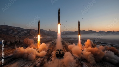 World s largest intercontinental ballistic missiles displayed under a clear blue sky