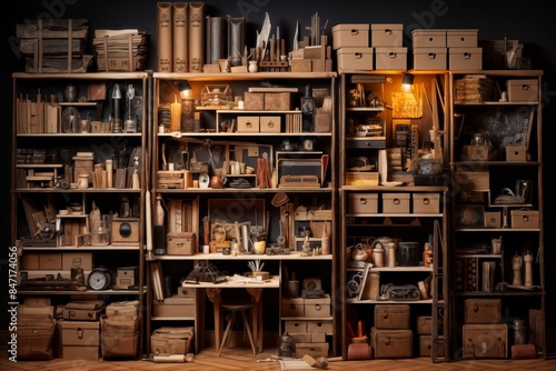 a bunch of shelves and boxes with various objects against the wall, as a background and part of the interior