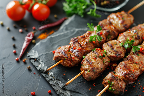 grilled meat on wooden skewers with spices, selective focus