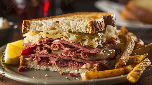 Traditional American sandwich with pastrami, corned beef, Swiss cheese, sauerkraut, thousand island dressing, on grilled rye bread, served with French fries