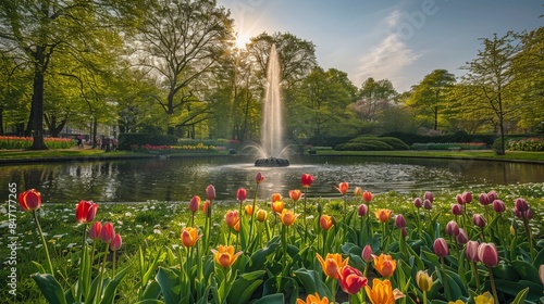 Serene garden with vibrant tulips and lush green trees. A fountain sprays water against the backdrop of a clear blue sky. Perfect for nature and landscape-themed projects. AI