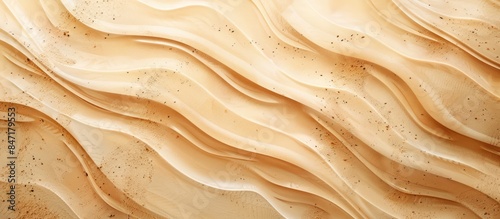 Sandy Beach Background with Wave Desert Pattern and Beige Dune Surface Mockup, Top View Sand Texture with Ample Copy Space