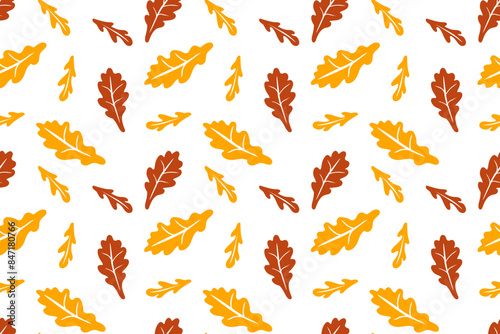 Orange, red oak leaves background. Autumn leaves in orange, brown colors. Vector illustration in doodle style. Vector flat repeated background for wallpaper, wrapping, packing, textile, scrapbooking.