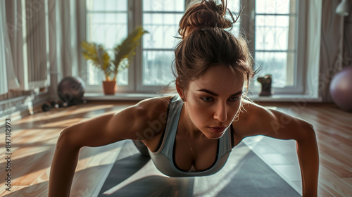 Beautiful woman in sportswear doing plank exercises on a mat at home, low angle view.