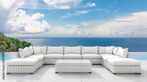 an outdoor lounge area featuring white rattan sofas and chairs adorned with beige patterned cushions, set against a light grey wall for an elegant atmosphere.