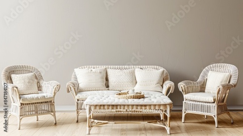 an outdoor lounge area featuring white rattan sofas and chairs adorned with beige patterned cushions, set against a light grey wall for an elegant atmosphere.