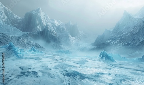 illustration of majestic frozen glacier with blue icy rocks in valley under gloomy sky