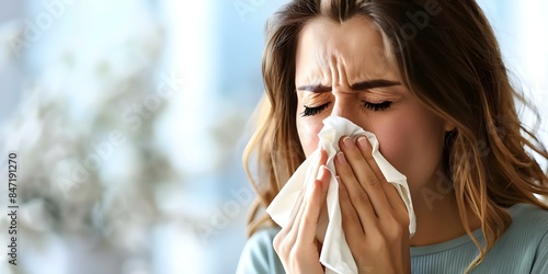 Woman with allergic rhinitis sneezing and holding tissue due to allergies. Concept Allergic Rhinitis, Sneezing, Tissue, Allergies, Woman
