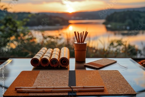 A collection of eco-friendly office supplies, including a cork mouse pad, recycled sticky notes, and a bamboo pen, arranged on a glass table with a sunset view over a lake