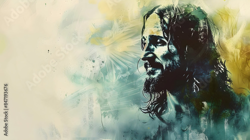 Portrait of Jesus Christ on an abstract grunge background with copy space. Digital painting suitable for religious art, inspirational messages, and spiritual decor, with copy space