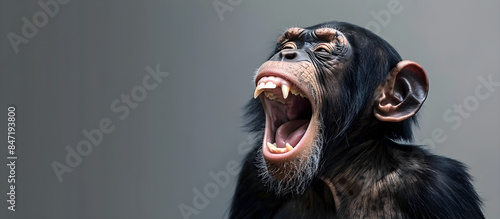 Portrait of a chimpanzee primate laughing broadly on a gray background, ideal for wildlife-related designs and zoo promotional materials, with copy space