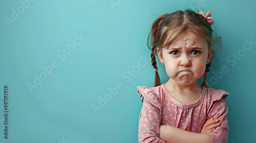 Portrait of a sad, offended crying little girl making a grimace against a flat blue background. Useful for emotion, childhood, or psychological concepts, with copy space