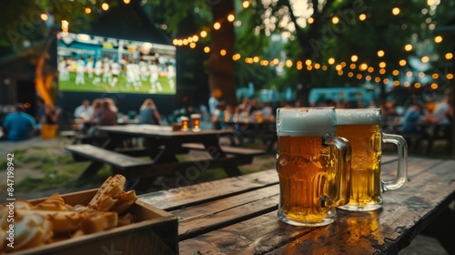 Pints and snacks in a festive beer garden in the background you can see a blurry screen with a soccer match