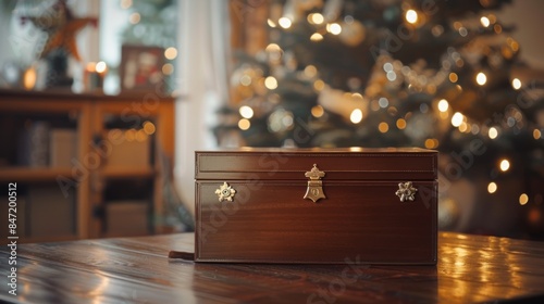 Luxurious Christmas Gift Box on Wooden Table Generative AI