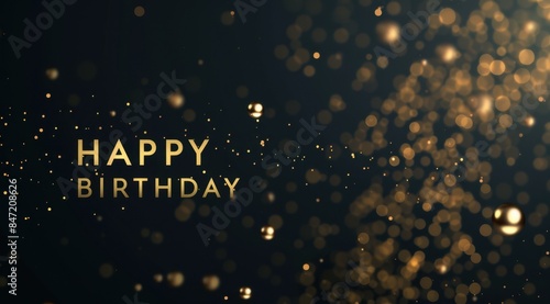Happy Birthday greeting card design with text "HAPPY BIRTHDAY" on a black background with golden lights and a bokeh effect Generative AI