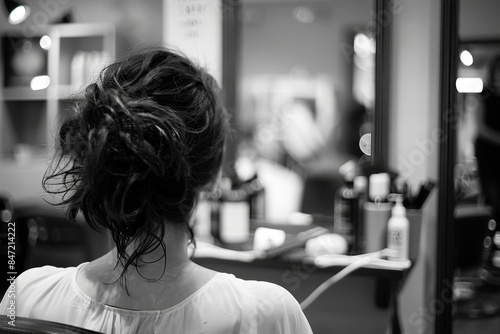 Femme dans salon de coiffure noir et blanc