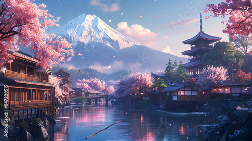 A beautiful Japanese village town in the morning, Buddhist temple Shinto shrine anime comics, beautiful and peaceful forest. Cartoon or Japanese anime, Generative Ai, 